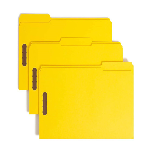 Three yellow letter-size fastener file folders with reinforced 1/3-cut top tabs and brown prong fasteners.