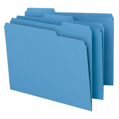 Set of blue letter-size file folders with 1/3-cut top tabs, shown fanned out to display tab positions
