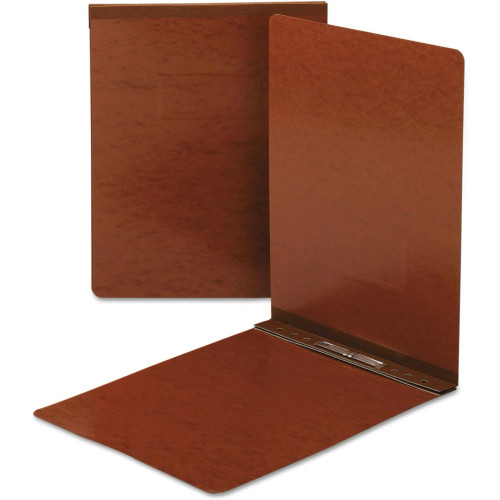 Red Smead PressGuard report covers, one shown closed and one open displaying the metal top prong fastener with compressor.