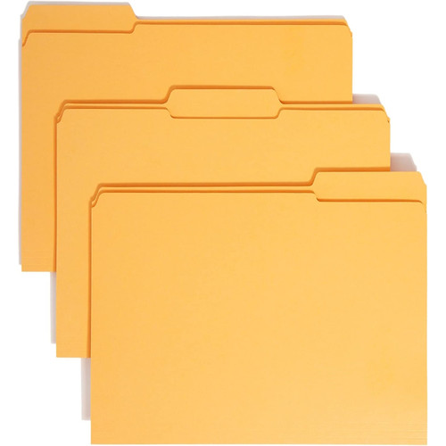 Smead goldenrod reinforced file folders with 1/3-cut double-ply top tabs, letter size, stacked view