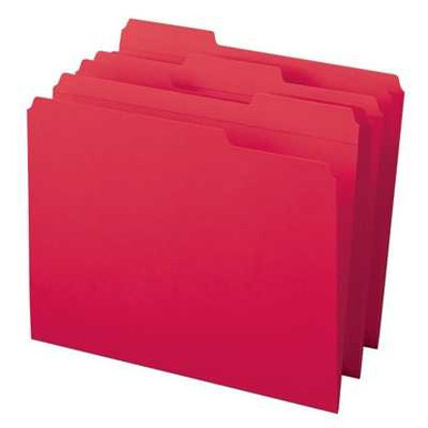 Red letter-size file folders with 1/3-cut reinforced top tabs in assorted positions, shown in a stacked arrangement, Smead standard 11 pt stock.
