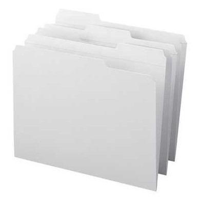 White letter-size file folders with 1/3-cut reinforced top tabs in assorted positions, shown in a stacked arrangement, Smead standard 11 pt stock.