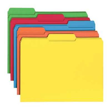 Assorted color letter-size file folders with 1/3-cut reinforced top tabs in assorted positions, shown in a stacked arrangement, Smead standard 11 pt stock.