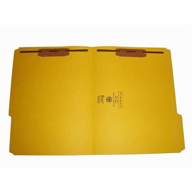 Smead 12934-F13 yellow letter size reinforced file folder open flat showing two interior metal fasteners in positions 1 and 3.