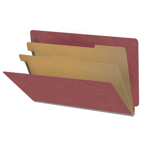 Dark red legal-size end tab pressboard classification folder with two 17pt manila dividers and 2-inch expansion, open to show six filing sections and straight-cut end tab.