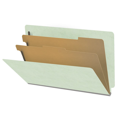 Pale Green legal-size end tab pressboard classification folder with two 17pt manila dividers and 2-inch expansion, open to show six filing sections and straight-cut end tab.