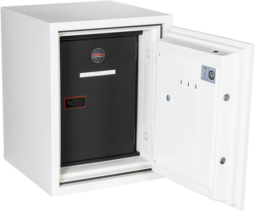 Datacare 2002 Series fireproof storage cabinet with open door showing black inner compartment and secure locking system