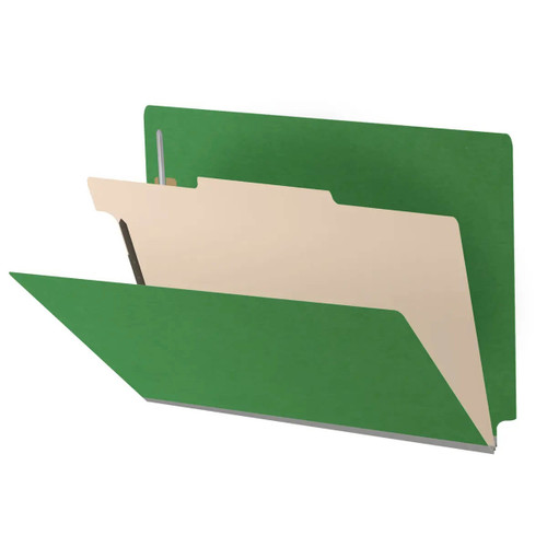 Moss green end tab pressboard classification folder with one manila divider and fasteners, letter size