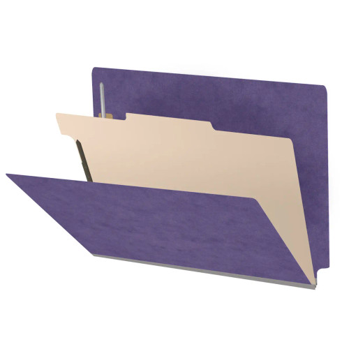 Purple end tab pressboard classification folder with one manila divider and fasteners, letter size