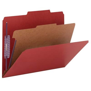 Bright Red letter-size Smead 13731 SafeSHIELD pressboard classification folder open, showing one interior divider, SafeSHIELD coated fasteners, and top tab design