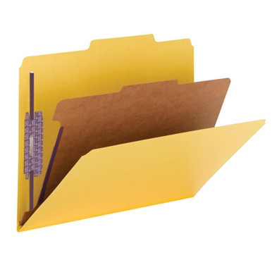 Yellow letter-size Smead 13734 SafeSHIELD pressboard classification folder open, showing one interior divider, SafeSHIELD coated fasteners, and top tab design