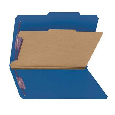 Dark Blue legal size Smead 18732 SafeSHIELD pressboard classification folder open, showing one interior divider, SafeSHIELD coated fasteners, and top tab design