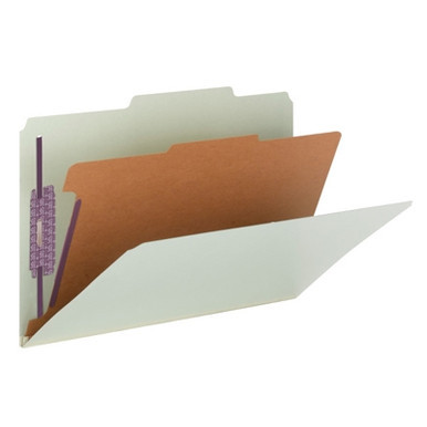 Gray/Green legal size Smead 18776 SafeSHIELD pressboard classification folder open, showing one interior divider, SafeSHIELD coated fasteners, and top tab design