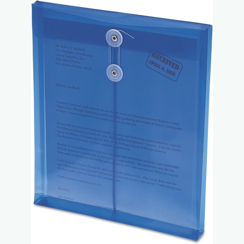Blue Smead poly envelope with string tie closure and 1-1/4 inch expansion holding letter size documents