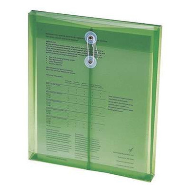Green Smead poly envelope with string and button closure and 1-1/4 inch expansion for letter size documents