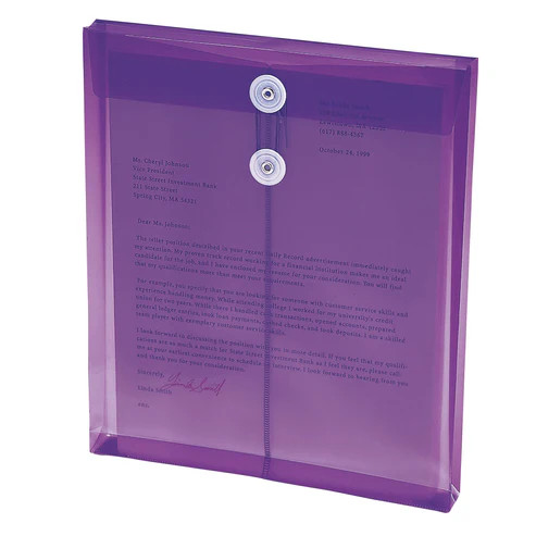 Purple Smead poly envelope with string and button closure and 1-1/4 inch expansion for letter size documents