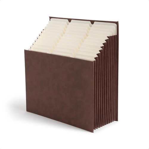 Smead 12-pocket stadium file organizer in brown vegan leather with tiered tabbed sections and expanding sides