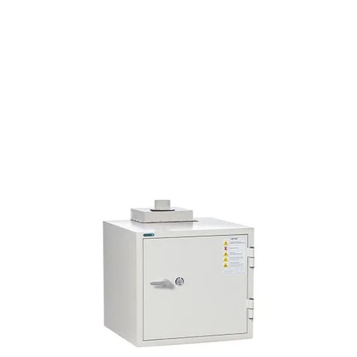 Phoenix BSS6100 battery storage and charging safe, front view with single door, key lock, and warning label