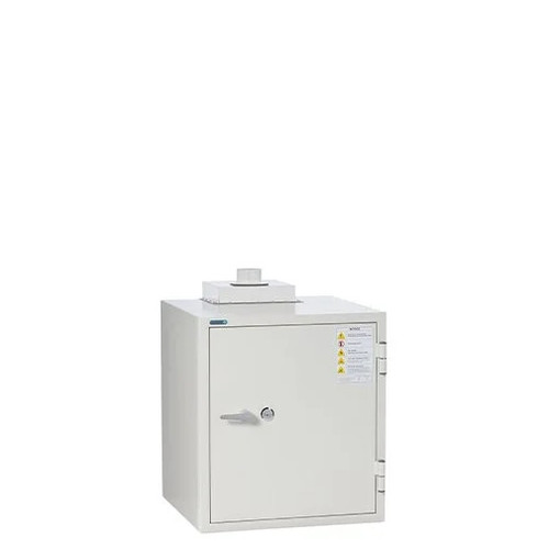 Phoenix BSS6101 battery storage and charging safe, front close angled view with key lock and warning label