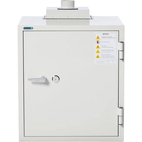 Phoenix BSS6101 battery storage and charging safe, front close angled view with key lock and warning label