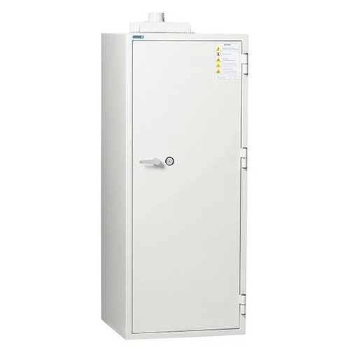 Zoomed Phoenix BSS6104 lithium-ion battery charging cabinet angled view showing full-height design and locking door