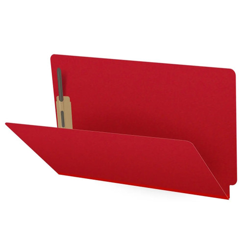 Deep red legal size end tab fastener folder open angle view showing front panel and bonded fastener