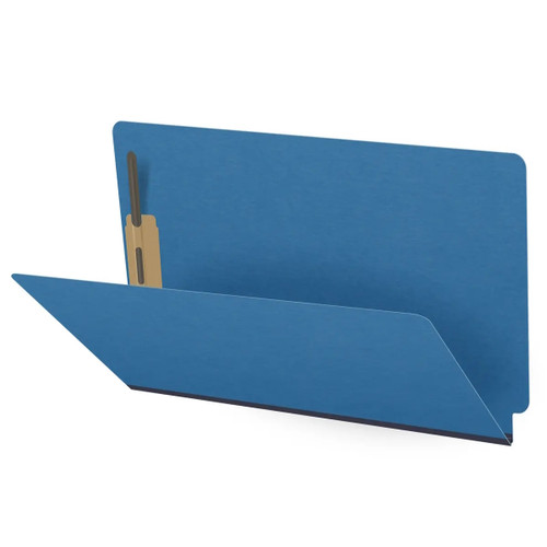 Royal blue legal size end tab fastener folder open angle view showing front panel and bonded fastener