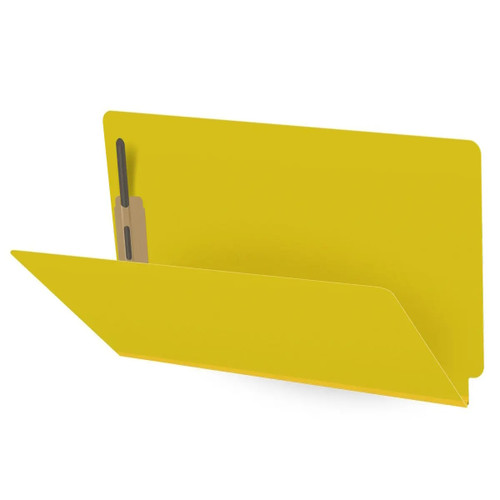 Side view of yellow legal size end tab folder showing straight cut tab and reinforced spine