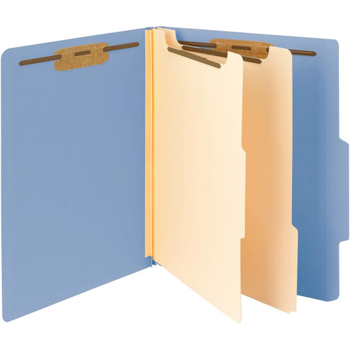 Blue letter-size classification folder with two manila dividers, top tab, and fasteners on all filing surfaces shown open against a white background.