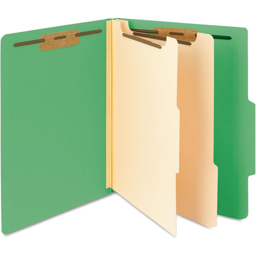 Smead Green letter-size classification folder with two manila dividers, top tab, and fasteners on all filing surfaces shown open against a white background.