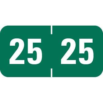 Dark Green 25 year label with white numbers in a wraparound center-slit design for file folder tabs