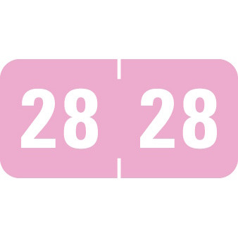 Pink 28 year label with white numbers in a wraparound center-slit design for file folder tabs