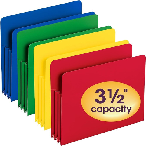 Four assorted Smead poly file pockets with 3-1/2 inch capacity, shown in blue, green, yellow, and red.