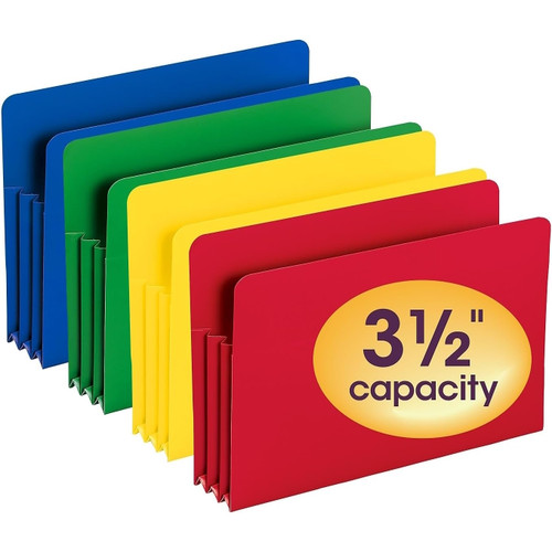 Smead legal size poly file pockets in assorted colors with 3-1/2 inch capacity callout on front pocket.