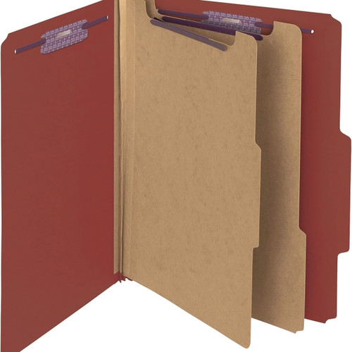 Open red letter size pressboard classification folder with 2 dividers and SafeSHIELD fasteners
