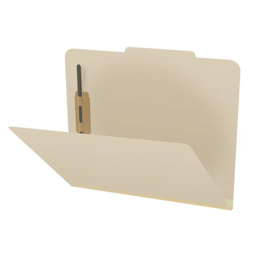Angled view of manila top tab classification folder with bonded fastener and 2 inch expansion