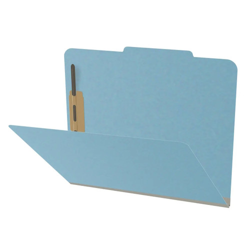 Side view of blue top tab pressboard classification folder with bonded fastener and 2 inch expansion
