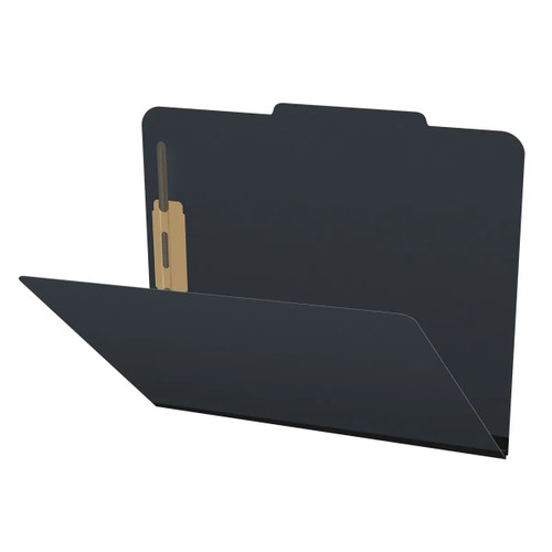 Low angled view of black pressboard top tab classification folder showing front panel, top tab, and bonded fastener