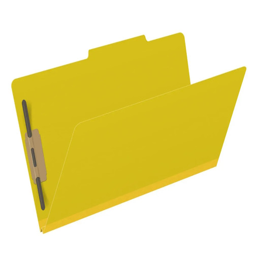 Angled view of yellow legal size top tab classification folder with bonded fastener and 2 inch expansion