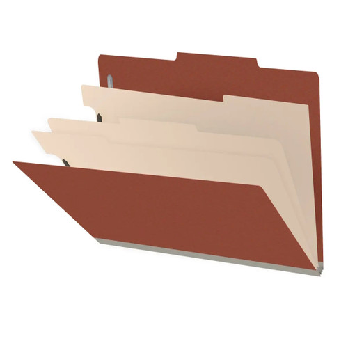 Side angle view of an open red letter size top tab classification folder showing three manila dividers and expanding filing sections.