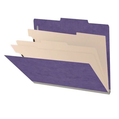 Side angle view of an open purple letter size top tab classification folder showing three manila dividers and expanding filing sections.