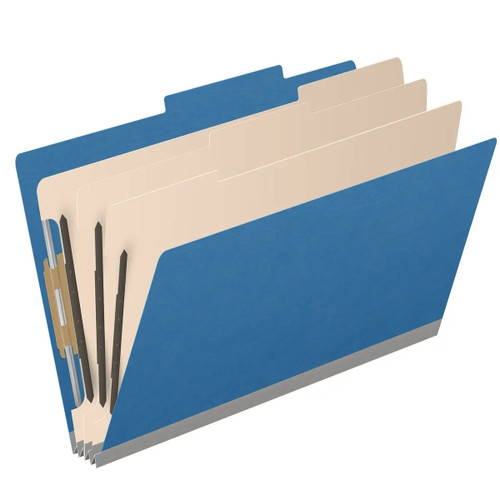 Angled view of a royal blue legal size top tab classification folder with three manila dividers and 3-inch gray Tyvek expansion