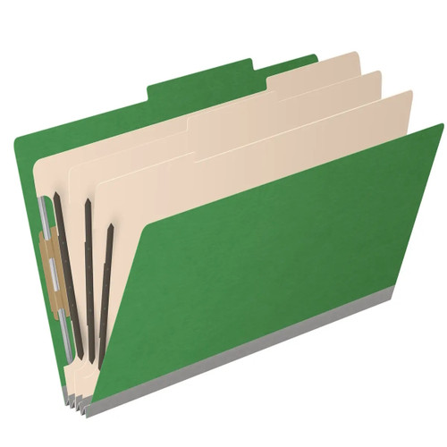 Angled view of a moss green legal size top tab classification folder with three manila dividers and 3-inch gray Tyvek expansion