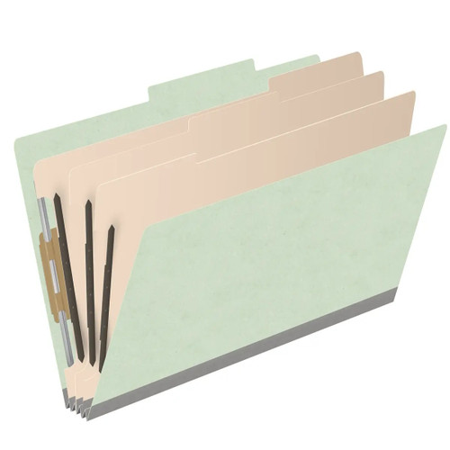 Angled view of a pale green legal size top tab classification folder with three manila dividers and 3-inch gray Tyvek expansion.