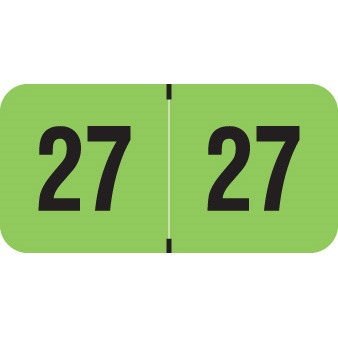 Fluorescent green 2027 year label with bold black “27” printed on each side, used for file folder year identification.