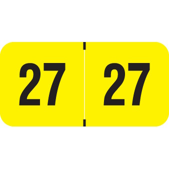 Fluorescent yellow 2027 year label with bold black “27” printed on each side, used for file folder year identification.