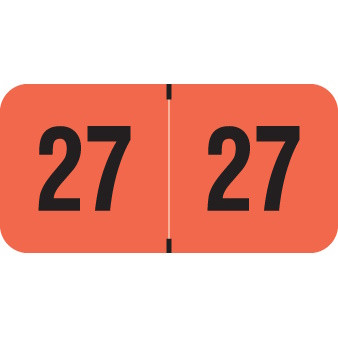 Fluorescent red 2027 year label with bold black “27” printed on each side, used for file folder year identification.