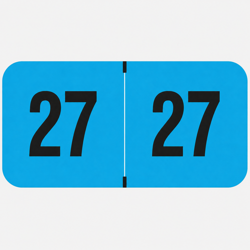 Fluorescent blue 2027 year label with bold black “27” printed on each side, used for file folder year identification.