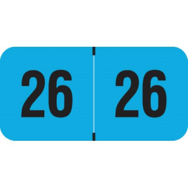 Fluorescent blue 2026 year label with bold black “26” printed on each side, used for file folder year identification.