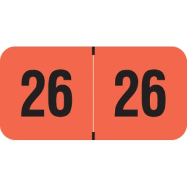 Fluorescent red 2026 year label with bold black “26” printed on each side, used for file folder year identification.